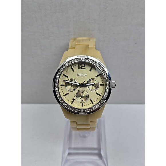 Relic by Fossil Womens Beige Resin Crystal Day Date Quartz Watch New Battery main image 4